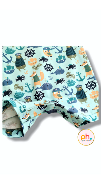 "Noor" Romper - Pirates on turquoise STRETCH COTTON JERSEY